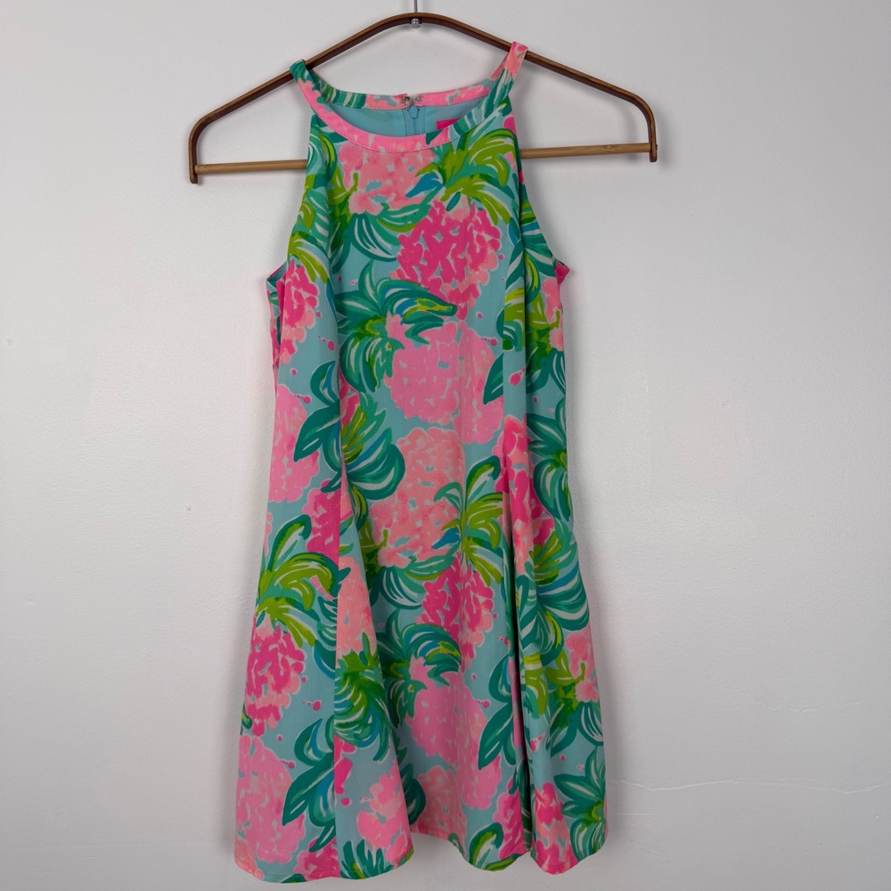 Lilly Pulitzer Girls Mini Mila Shift Dress Floral Pineapple Teal Pink Size 10